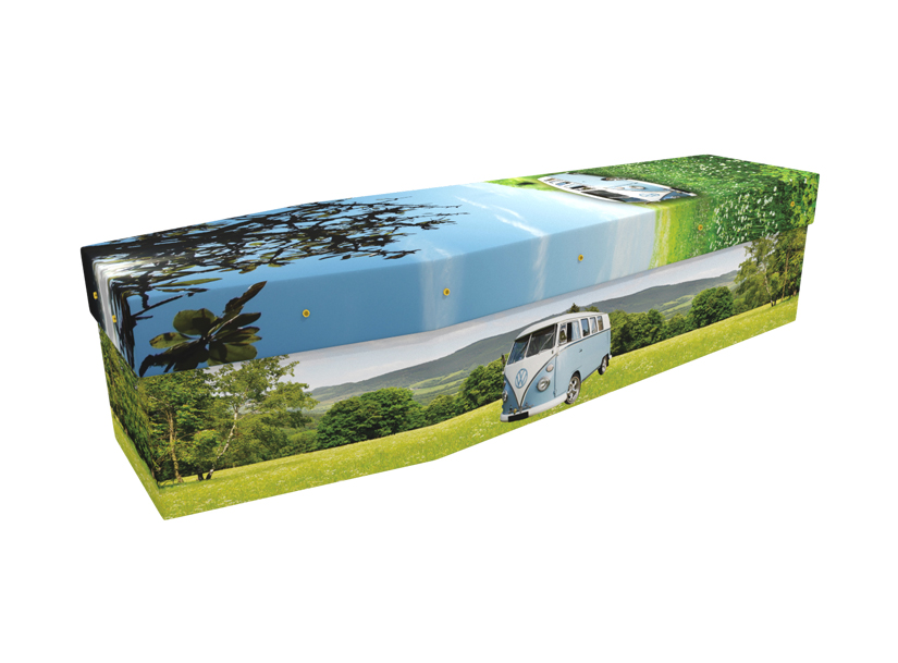 Cardboard coffin with an image of a light blue and white VW camper van