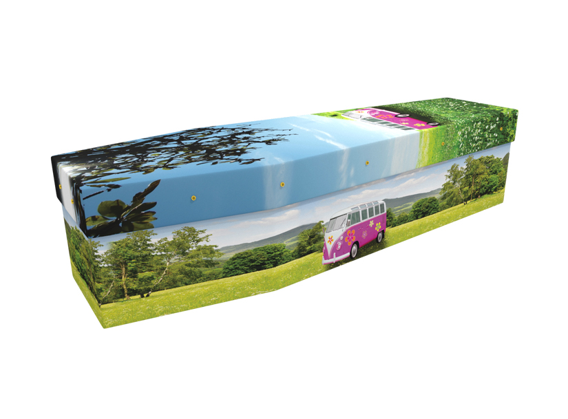 Cardboard coffin with an image of a Pink VW camper van