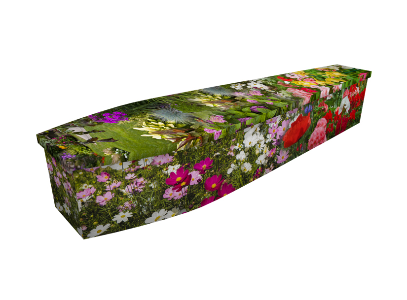 Cardboard coffin with an image of wild flowers