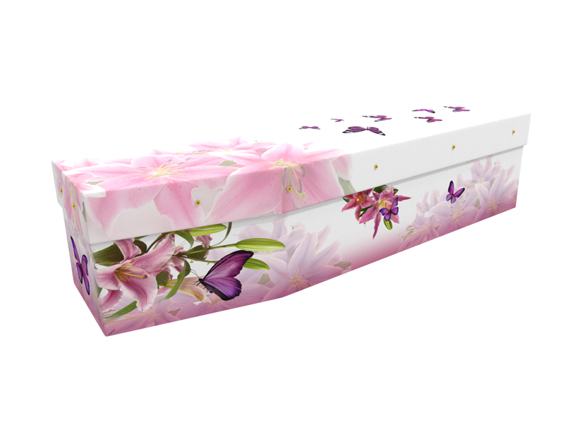 Picture cardboard coffin with lily and butterflies