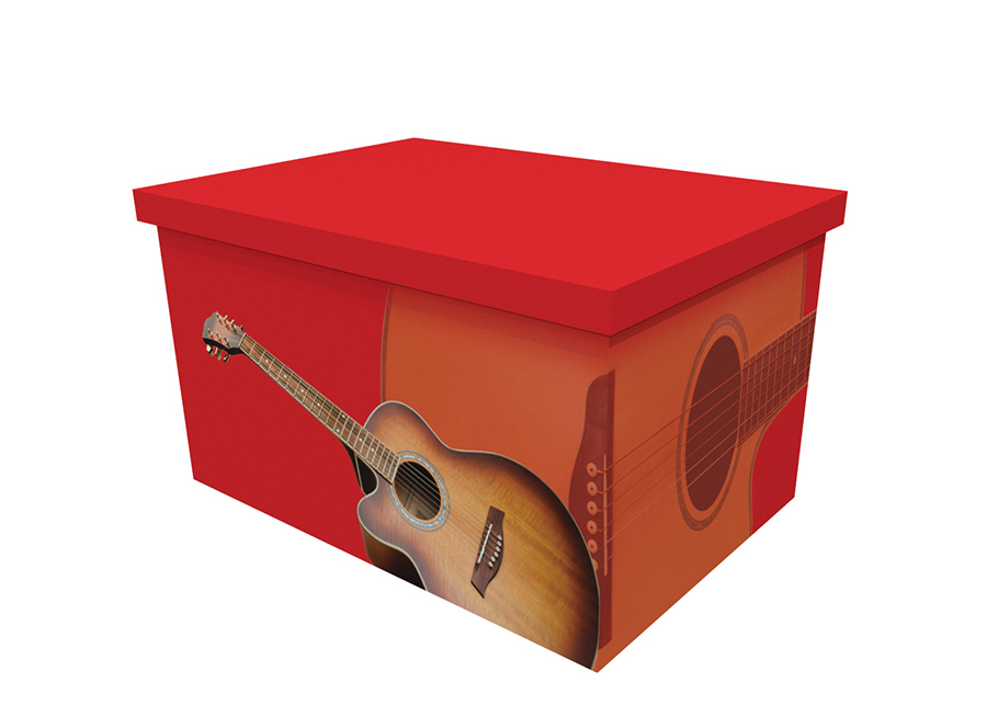 Cardboard ash casket with an image of a guitar on a red background