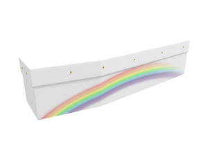 Cardboard coffin with image of a rainbow on a white backround