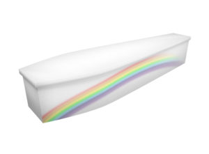 Cardboard coffin with image of a rainbow