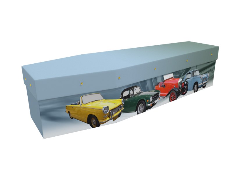 Cardboard coffin with an image of vintage cars