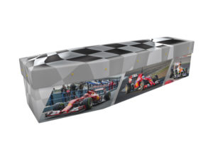 Cardboard coffin with an image of formula one racing cars and chequered flag