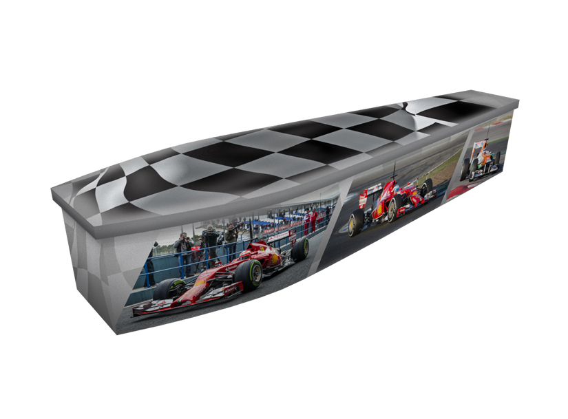 Cardboard coffin with an image of formula one racing cars and chequered flag