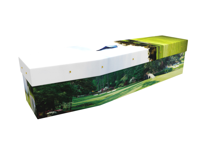 Cardboard coffin with an image of a man playing golf