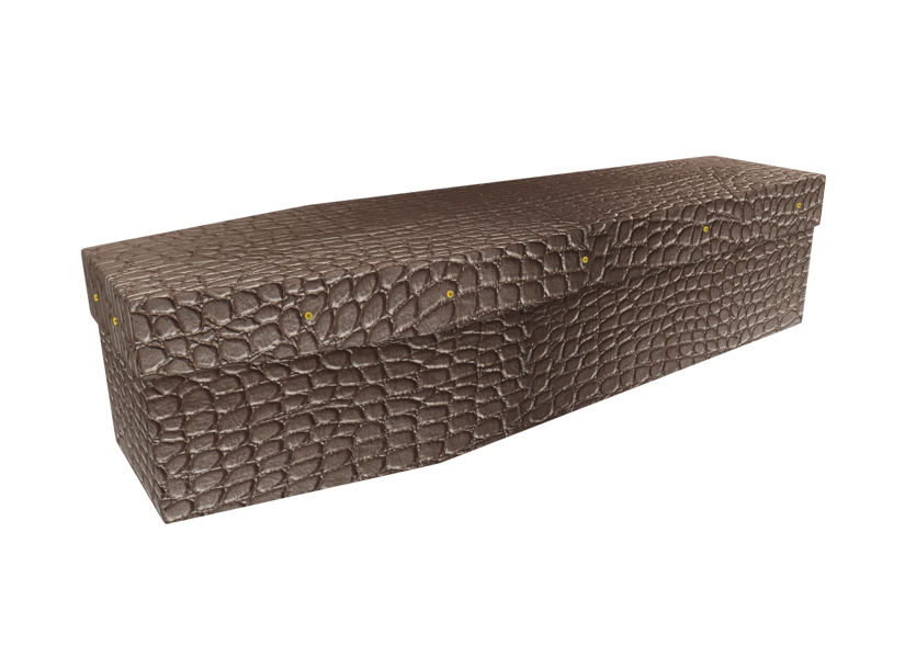 Cardboard coffin with an image of a crocodile skin