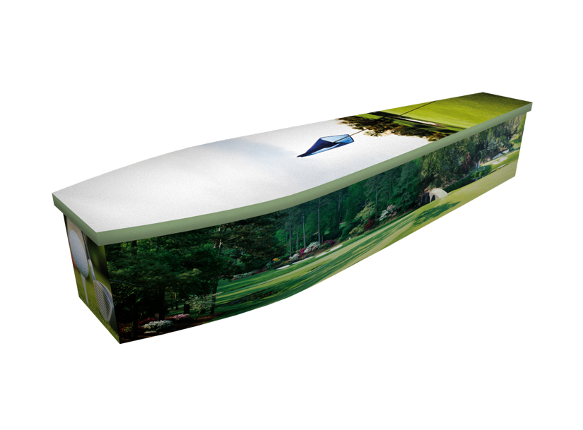 Wooden coffin with an image of a man playing golf